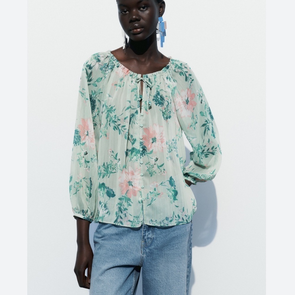 NWT Zara Floral Print Sheer Boho Blouse